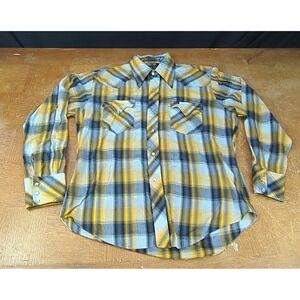 Vtg 70s Bar-M Rancher Sz Large Yellow Plaid Western Shirt Pearl Snap Perm Press